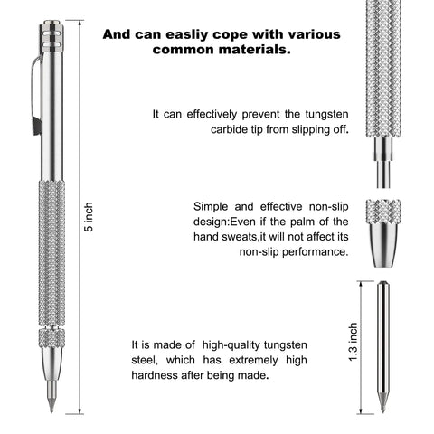 Dimensions and features of 4 Pack Tungsten Carbide Scriber Tool Set With Magnet, Pro Grade Metal Engraving Pen, durable aluminum handle.