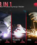 Three processes of 205A TIG Welder With Pulse And Large LED Display, Three In One Stick DC TIG Pulse TIG Welding Machine shown
