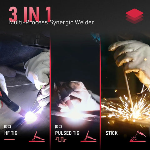 Three processes of 205A TIG Welder With Pulse And Large LED Display, Three In One Stick DC TIG Pulse TIG Welding Machine shown