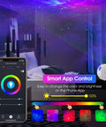 Smart Star Projector With WiFi Galaxy Light And 16 Million Nebula Effects shown with app control on phone screen.