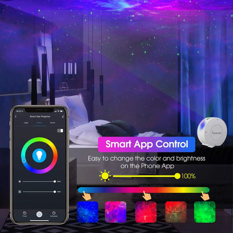 Smart Star Projector With WiFi Galaxy Light And 16 Million Nebula Effects shown with app control on phone screen.