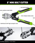 Side view of 8 inch mini bolt cutter with chrome vanadium steel blade, green anti-skid handle, part of 4 Piece Bolt Cutter Set With 14 Inch Heavy Duty Bolt Cutter, 8 Inch Mini Bolt Cutter, 8 Inch Wire Cable Cutter, And 8 Inch Wire Rope Cutter With Carrying Bag, CRV Blade For Cutting Locks, Steel Wire, And Chains.