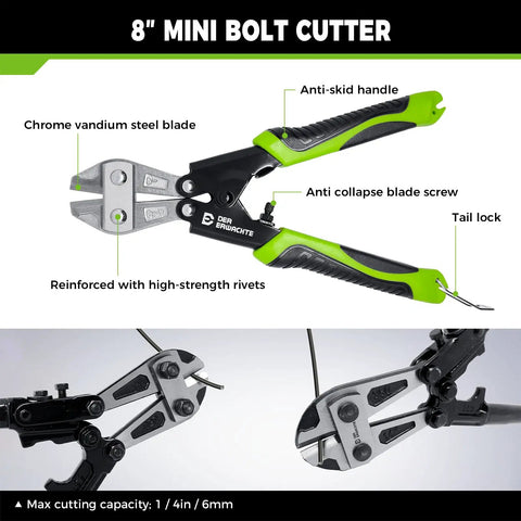 Side view of 8 inch mini bolt cutter with chrome vanadium steel blade, green anti-skid handle, part of 4 Piece Bolt Cutter Set With 14 Inch Heavy Duty Bolt Cutter, 8 Inch Mini Bolt Cutter, 8 Inch Wire Cable Cutter, And 8 Inch Wire Rope Cutter With Carrying Bag, CRV Blade For Cutting Locks, Steel Wire, And Chains.