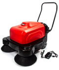 Top Shelf Electric Floor Sweeper Workhorse With A Spacious 41 Inch Sweep Path And Smart Three Brush Setup For Swift Dust Pickup On Warehouse Concrete And Shop Floors, red and black design with charging cable.