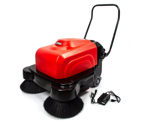 Top Shelf Electric Floor Sweeper Workhorse With A Spacious 41 Inch Sweep Path And Smart Three Brush Setup For Swift Dust Pickup On Warehouse Concrete And Shop Floors, red and black design with charging cable.