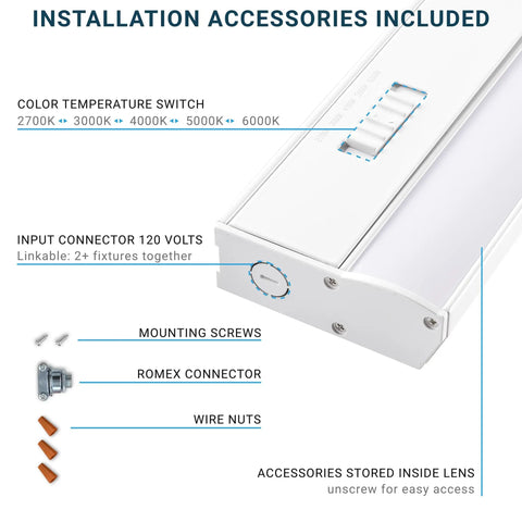 Under Cabinet LED Light With 5 CCT Color Levels For Your Vibe, 16 Inch, 14W, Hardwired Install; accessories shown.