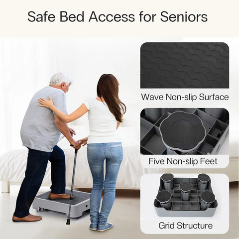 One Step Stool With Non Slip Wave Traction, 3.4 Inch Rise, Wide Base, used by seniors for safe bed access, grid structure.