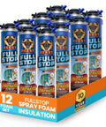 Real Deal Fire Rated Spray Foam Insulation For Walls And Attics Expanding Foam Sealant 12-pack cans displayed in a cardboard box.