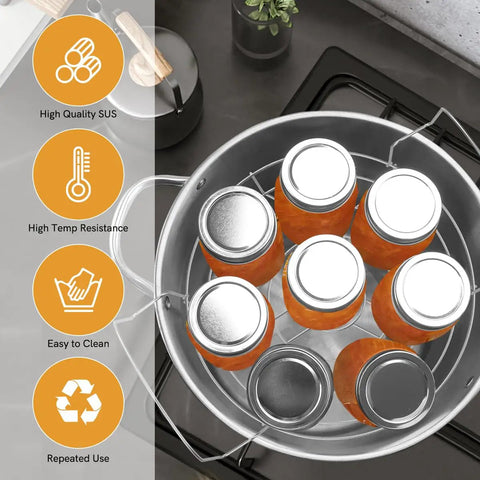 Top view of jars in 21.5 Quart Stainless Steel Canning Pot Kit with Rack and Tools for Water Bath Canning Beginners on stovetop