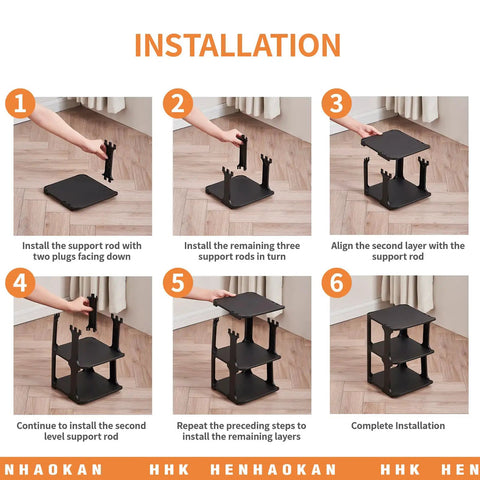 6-step installation guide of 5 Tier Vertical Shoe Rack Slim Free Standing Organizer For Entryways And Small Closets Stackable Shoe Shelf Stable Black Fits Up To US Size 15 Footwear