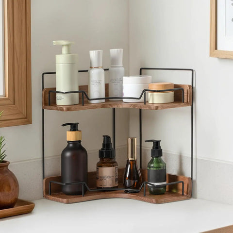 Super Sleek 2 Tier Wooden Corner Shelf For Bathroom Counter And Vanity with skincare products neatly organized on wooden shelves.