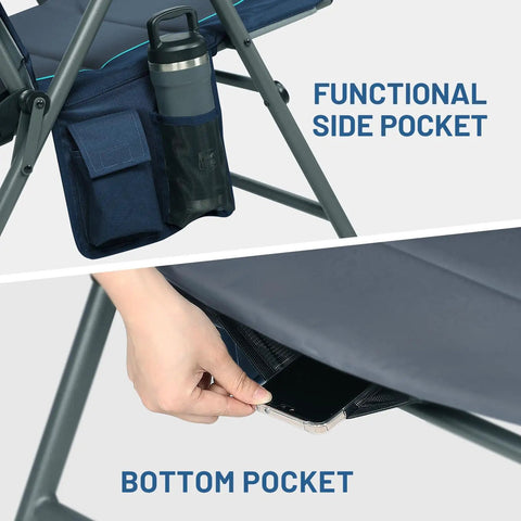 Close-up of Oversized Folding Rocking Camping Chair with padded high back, showing side and bottom utility pockets.