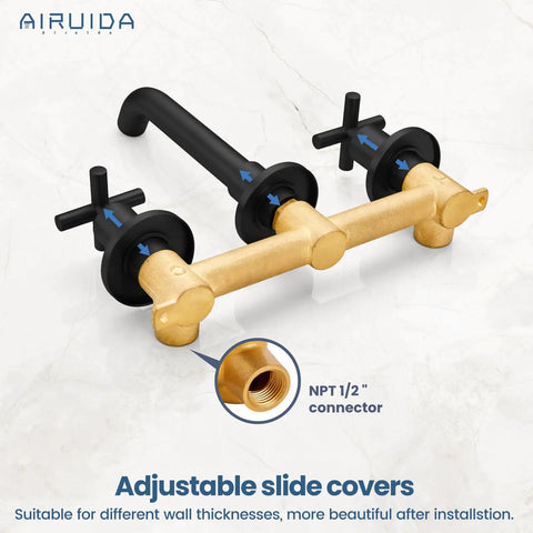 Solid Brass Widespread Wall Mount Bathroom Faucet With 360 Degree Swivel Spout Matte Black Finish Double Cross Handles Rough In Valve Wall Mounted Lavatory Sink Mixer Tap For Vanity 8 Inch Centers Built Tough For Everyday Use