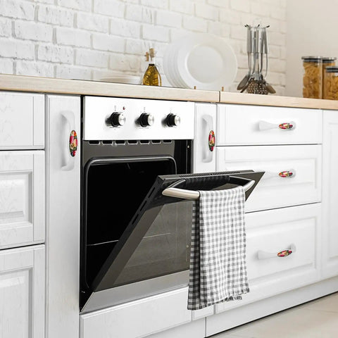 Level Up Your Home Decor With These Killer Cabinet Handles Featuring A Virtually Red Rose Oil Painting Design Durable White Crystal Glass Knobs Tough Abs Build Great For Kitchen Cupboards And Dresser Drawers, showing crystal knobs on cabinetry near an oven.