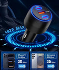 Durable Three Port USB C Car Charger 102W Rapid Fire Juicing Adapter with dual ports in vehicle socket displaying power stats.