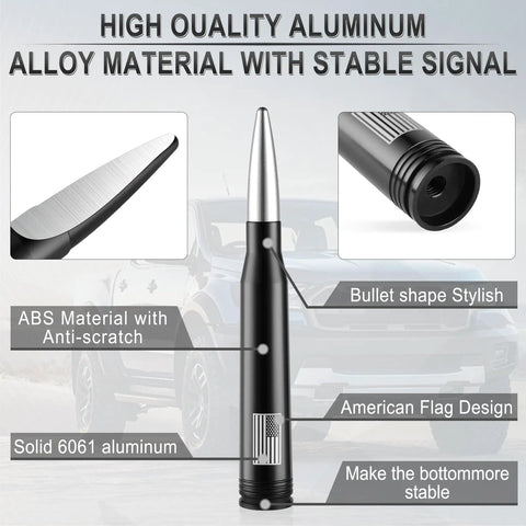 American Flag Bullet Antenna With 4 Valve Stem Caps For Trucks And SUVs, showcasing solid 6061 aluminum and sleek bullet design.