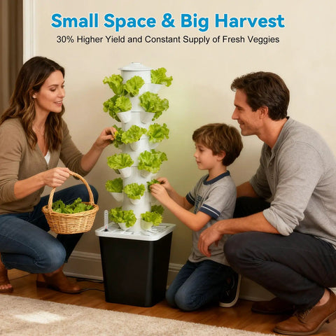 Family using Space Saving Vertical Hydroponic Garden Tower With 5000K Full Spectrum Grow Lights for indoor gardening