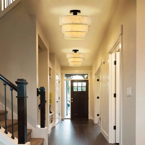 Hallway with Three Tier Linen Drum Shade Semi Flush Mount Ceiling Light Fixture For Living Room Bedroom Kitchen Hallway Modern Close To Ceiling