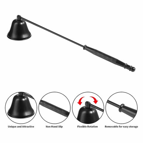 Long Reach Candle Snuffer Extinguisher Tool With Swivel Bell For Deep Jar Candles, 9.8 Inch Handle, Easy Grip, Safe Flame Out, Elegant Design For Home Decor And Cozy Ambience, Durable Stainless Steel, Gift Ready, black color with textured handle and swivel bell.