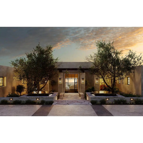 Boxwood Collection 1 Light Outdoor Wall Lantern in Antique Bronze with Clear Seeded Glass on modern house exterior
