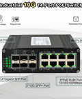 Front view of Beefy 10G Ethernet PoE Switch with two 10G SFP Plus ports, four Gigabit SFP slots, eight RJ45 ports, DIN rail mount