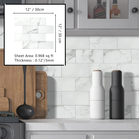 Kitchen with 10 Sheet Subway Peel And Stick Backsplash Tiles 12 By 12 Carrara White Marble Look Self Adhesive Wall Tiles installed.