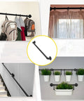 Industrial Style Black Iron Pipe Staircase Handrail For Indoor And Outdoor Use Heavy Duty Steel Balcony Railing with hooks displaying bags and plants.