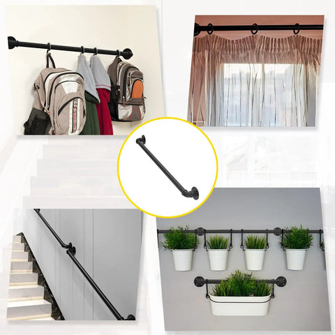 Industrial Style Black Iron Pipe Staircase Handrail For Indoor And Outdoor Use Heavy Duty Steel Balcony Railing with hooks displaying bags and plants.