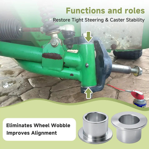 Premium Heavy Duty Steering Pivot Bushing 2 Pack For John Deere X700 X900 Riding Mower shown in green steering assembly.