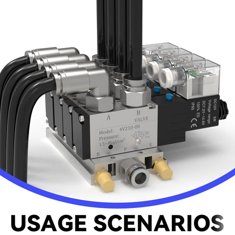 EterMutable 304 stainless steel pneumatic valve manifold with six 1/4" push-to-connect fittings and tubing