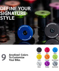 Aluminum Bike Bar End Plugs Set for Mountain and Road Bikes 2 Pack Durable 6061 T6 Alloy Caps in various colors display.