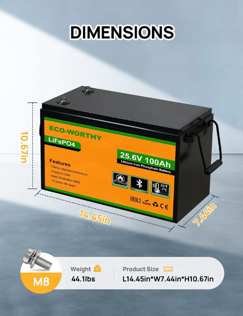 24V 100Ah LiFePO4 Deep Cycle Rechargeable Battery With Bluetooth App Monitoring For Off Grid Solar RV Camper Trolling Motor Or Home Use Low Temp Protection High 2560W Peak Output Real Time SOC And Voltage with dimensions