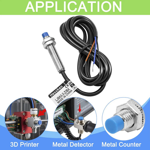 Compact M8 Inductive Proximity Sensor Switch With 2mm Sensing Distance, 8mm Mount shown with applications like 3D printer, metal detector.