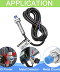 Inductive Proximity Sensor Switch M8 5V DC with 120cm cable for magnetic metal detection, shown with 3D printer and metal counter applications