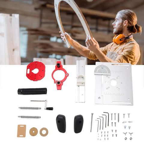 Adjustable Aluminum Router Lift System With Stainless Steel Support Rods showing router lift components and tools for hobbyists.