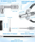 All In One Beefed Up Grease Gun Fittings Accessory Kit With 90 Degree Coupler And Sleeves, Durable Grease Gun Coupler, Needle Dispenser, Two Needle Nozzles, 12 Inch Hose, And Zerk Fitting Cleaner For Automotive And Industrial Maintenance shown with all components and measurements.