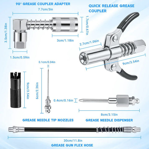 All In One Beefed Up Grease Gun Fittings Accessory Kit With 90 Degree Coupler And Sleeves, Durable Grease Gun Coupler, Needle Dispenser, Two Needle Nozzles, 12 Inch Hose, And Zerk Fitting Cleaner For Automotive And Industrial Maintenance shown with all components and measurements.