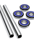 Beefed Up Stainless Steel Axle And Front Wheel Bearing Rebuild Kit For CZT Elite Maverick Revolt Stand-On ZT Avenger ZT Elite Mowers 022-7009-00 025-5202-00 Built For Tough Long-Lasting Performance showing stainless axles and blue wheel bearings