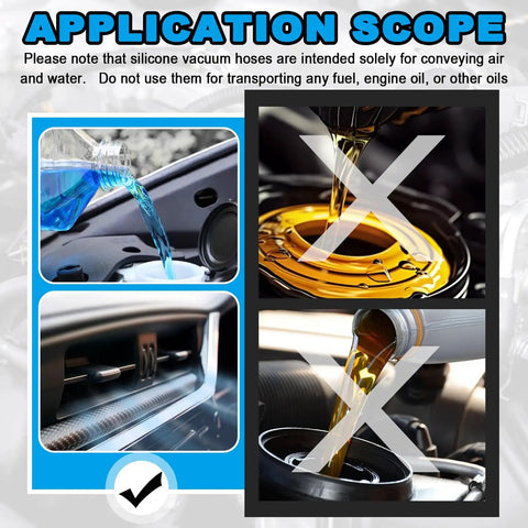 Six Piece Five Foot Silicone Vacuum Hose Kit With Six Sizes From One Eighth To Three Eighths Inch Includes Tee Straight Reducer Fittings Pro Grade And 24 Hose Clamps And 64 Fittings For A 94 Piece Automotive Vacuum Line Set usage guide showing acceptable air and water use only