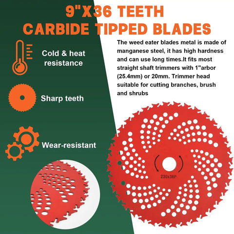 Heavy Duty Weed Eater Blade Kit With Adapter For Trimmer Includes 9x36 Carbide Tipped Blades showing product features and durability