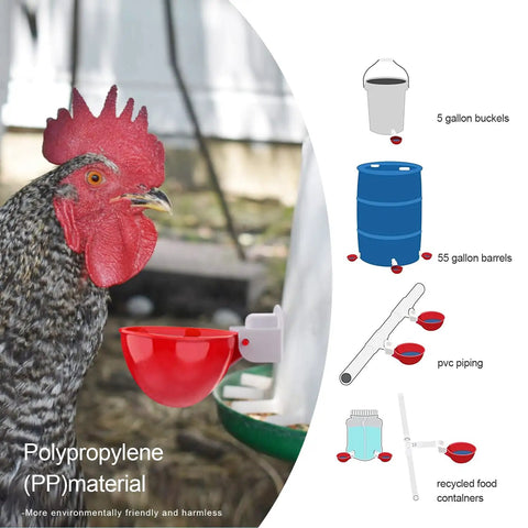 Beefed Up Automatic Chicken Waterer Cups Six Pack Large Poultry Drinkers With Tee Fittings showing red water cup for chickens and mounting options.
