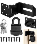 Heavy Duty 90 Degree Hasp Latch 4 Inch Stainless Steel Door Lock Rust Resistant with padlock, keys, and screws.