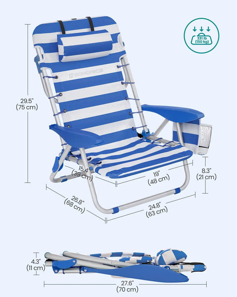 Backpack Beach Chair With Four Adjustable Backrest Angles, 331 lb Capacity, Two Side Pockets And Towel Bar, Folded and Open View