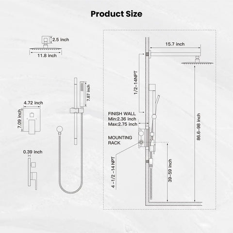 Technical diagram of Shower Faucet Set With 12 Inch Rain Shower Head And Handheld Spray, Brushed Nickel Wall Mounted Trim Kit