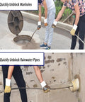 Two individuals using the Heavy Duty Drain Unclogger Built Different Features A Rugged 10 Meter Steel Cable for clearing manholes and rainwater pipes.