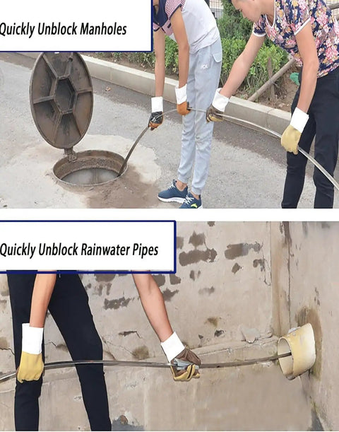 Two individuals using the Heavy Duty Drain Unclogger Built Different Features A Rugged 10 Meter Steel Cable for clearing manholes and rainwater pipes.