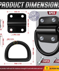 Dimensions of heavy duty steel D ring tie down anchors, six pack with screws and bolts, 3500 pound breaking strength for securement.