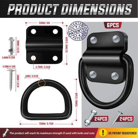 Dimensions of heavy duty steel D ring tie down anchors, six pack with screws and bolts, 3500 pound breaking strength for securement.