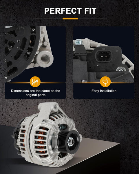 Alternator Replacement For GMC Sierra 1500 HD 2005-2006, Sierra 2500 HD 2005-2007, Sierra 3500 2005-2006, Yukon And Yukon XL 2005-2006, OE 11075. Image shows alternator with dimensional labels and easy installation note.