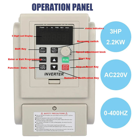 Operation panel of Single Phase 220V To Three Phase VFD Drive Inverter For Spindle Motors, 2.2KW 3HP 12A PWM Speed Control, 0-400Hz